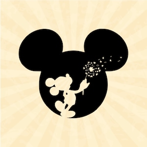 May include: Silhouette of Mickey Mouse blowing on a dandelion with seeds flying in the air. The silhouette is black against a light yellow background with a radial pattern.