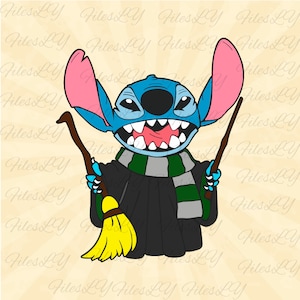 May include: A blue cartoon character with large ears wearing a black robe and a green and gray scarf, holding a yellow broom and a brown stick.