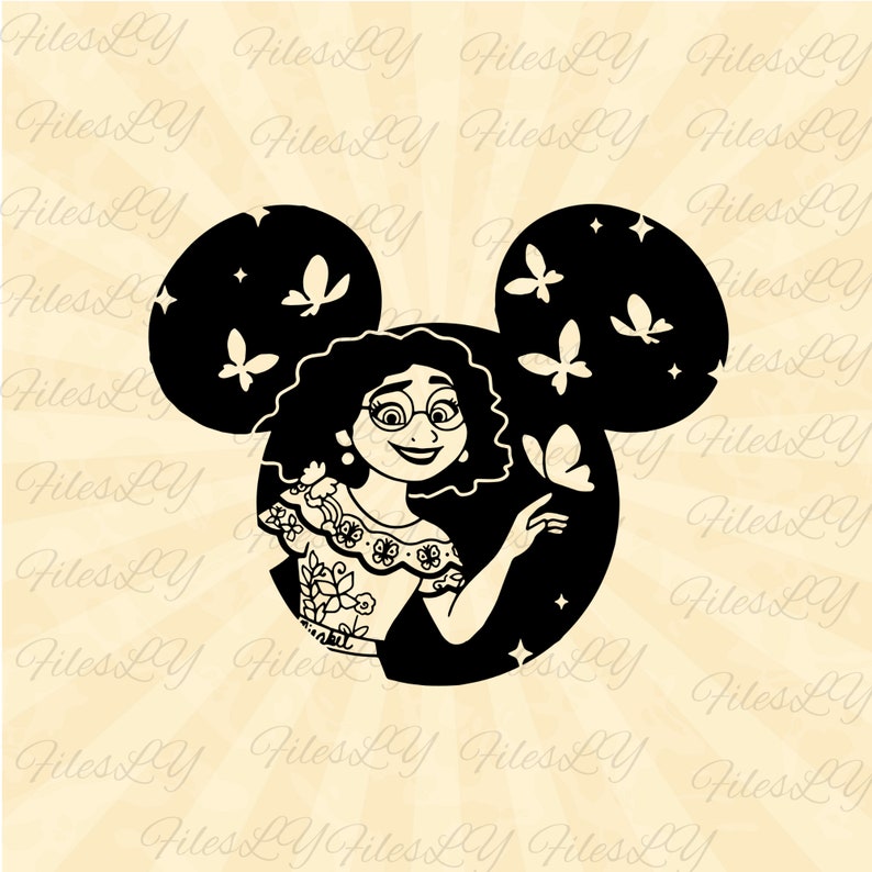 May include: A black and white silhouette of Mickey Mouse ears with a woman with dark curly hair wearing a floral dress and glasses inside the ears. The woman is smiling and holding out her hand towards a butterfly. There are several butterflies and stars inside the ears.