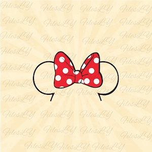 May include: A red and white polka dot bow with a black headband. The bow is tied in a knot and the headband is shaped like Mickey Mouse ears.