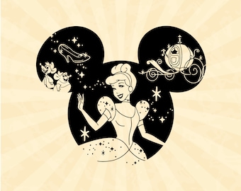 Cenicienta princesa SVG, cabeza de ratón SVG, princesa SVG, archivo de corte de vinilo, Svg, Pdf, Jpg, Png, archivo de diseño imprimible Ai