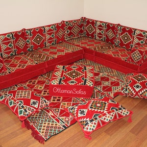 Set di divani a pavimento arabo a forma di L, panca a forma di L, divano ad angolo a forma di L, divano componibile, divano marocchino, divano da pavimento, majlis arabo, Jalsa immagine 9