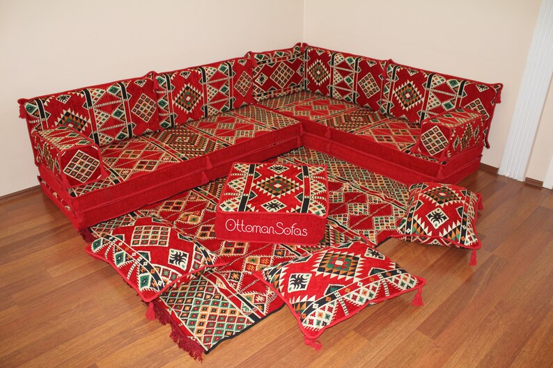 Set di divani a pavimento arabo a forma di L, panca a forma di L, divano ad angolo a forma di L, divano componibile, divano marocchino, divano da pavimento, majlis arabo, Jalsa immagine 9