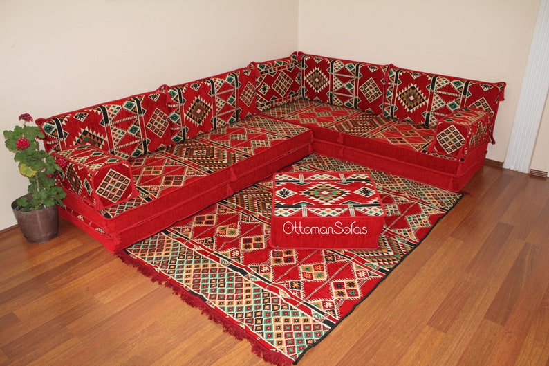 Set di divani a pavimento arabo a forma di L, panca a forma di L, divano ad angolo a forma di L, divano componibile, divano marocchino, divano da pavimento, majlis arabo, Jalsa immagine 8