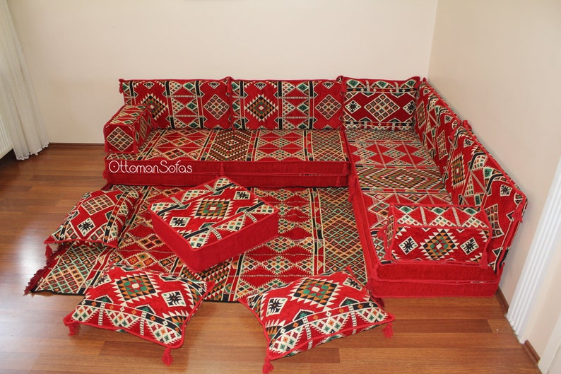 Set di divani a pavimento arabo a forma di L, panca a forma di L, divano ad angolo a forma di L, divano componibile, divano marocchino, divano da pavimento, majlis arabo, Jalsa immagine 5