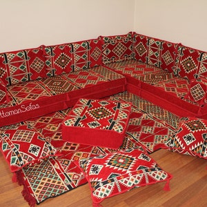 Set di divani a pavimento arabo a forma di L, panca a forma di L, divano ad angolo a forma di L, divano componibile, divano marocchino, divano da pavimento, majlis arabo, Jalsa immagine 1