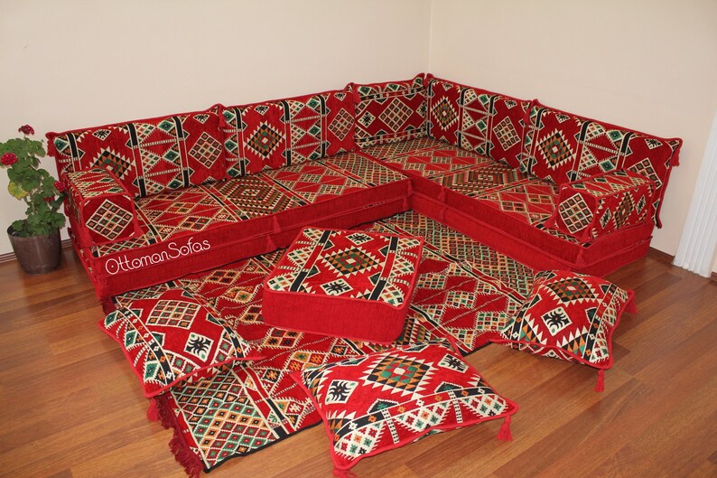 Set di divani a pavimento arabo a forma di L, panca a forma di L, divano ad angolo a forma di L, divano componibile, divano marocchino, divano da pavimento, majlis arabo, Jalsa immagine 1
