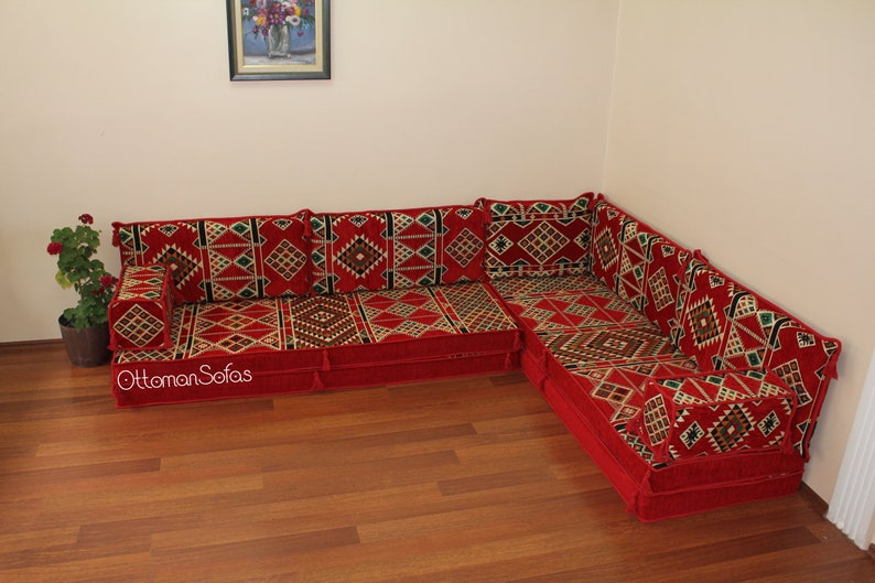 Set di divani a pavimento arabo a forma di L, panca a forma di L, divano ad angolo a forma di L, divano componibile, divano marocchino, divano da pavimento, majlis arabo, Jalsa immagine 4