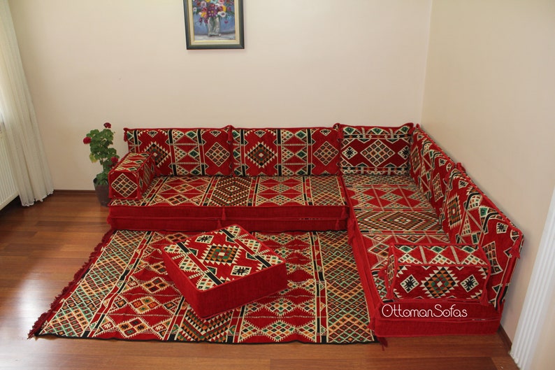 Set di divani a pavimento arabo a forma di L, panca a forma di L, divano ad angolo a forma di L, divano componibile, divano marocchino, divano da pavimento, majlis arabo, Jalsa immagine 2