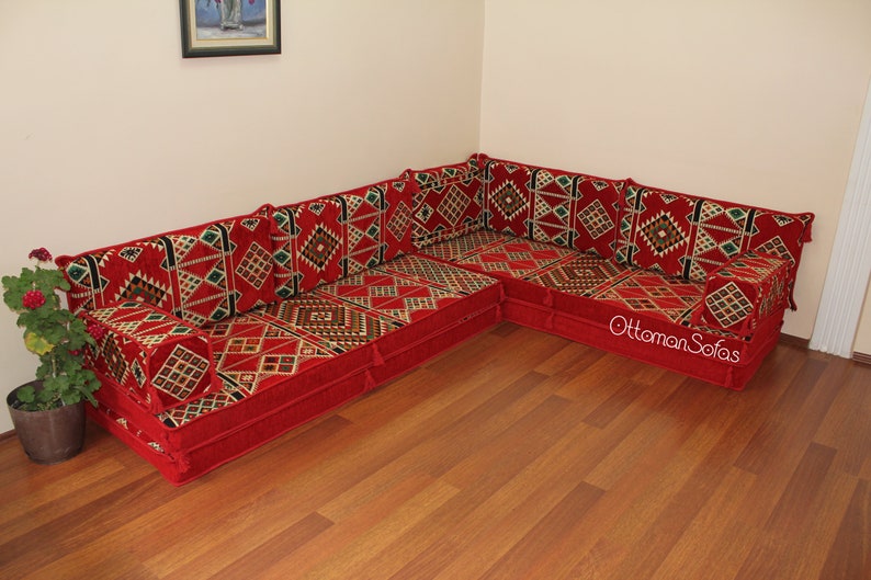 Set di divani a pavimento arabo a forma di L, panca a forma di L, divano ad angolo a forma di L, divano componibile, divano marocchino, divano da pavimento, majlis arabo, Jalsa immagine 10