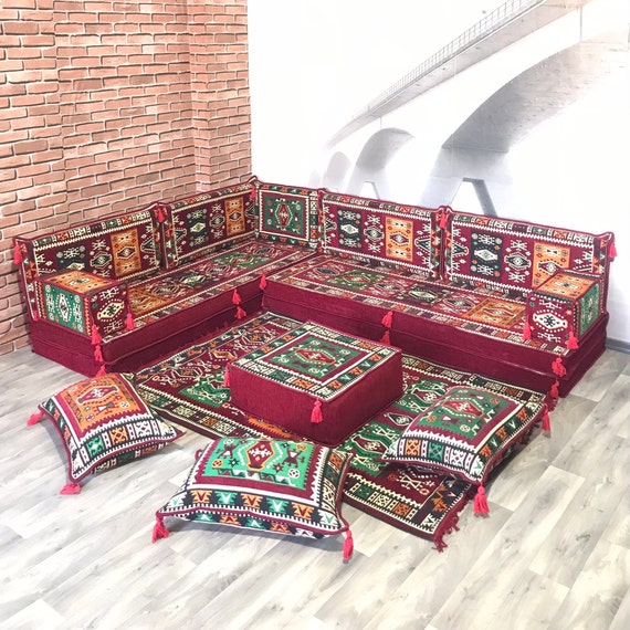 8 Thickness Maroon L Shaped Modern Living Room Linen Floor Seating Couch,  Sectional Sofa,boho Floor Couch,linen Flooor Cushion, Corner Sofa 