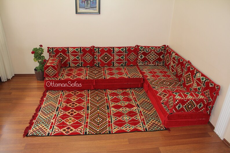 Set di divani a pavimento arabo a forma di L, panca a forma di L, divano ad angolo a forma di L, divano componibile, divano marocchino, divano da pavimento, majlis arabo, Jalsa immagine 3