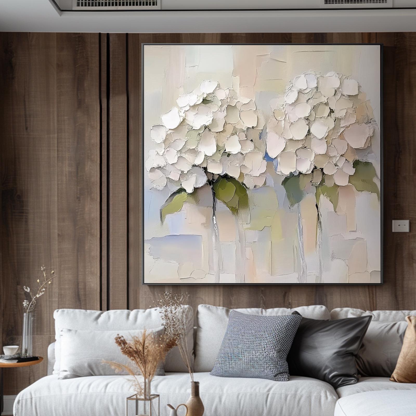 White Hydrangea Oil Painting on Canvas, Textured Floral Art, Impasto ...