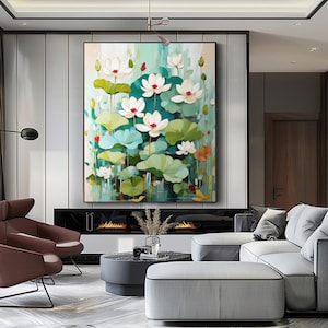 Peinture à l'huile 3D de fleur de lotus blanche, art mural botanique vert, décoration murale florale faite main, décoration d'intérieur moderne inspirée de la nature