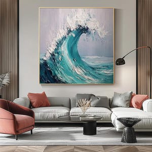 Grande peinture à l'huile texturée 3D vague bleue, peinture naturelle de paysage vague océan, art mural abstrait vague océan, art moderne personnalisé original