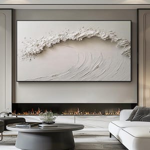 Peinture à l'huile blanche de vagues de l'océan de texture 3D, art minimaliste de vague, peinture de paysage marin abstrait, art de mur de Wabi Sabi pour le décor de chambre à coucher de salon