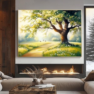 Original Oak Tree Field Road Oil Painting, Large Old Oak Tree Landscape Wall Art, Large Countryside Artwork Farmhouse Living Room Wall Decor