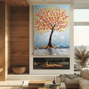 Autumn Tree Canvas Art, Vibrant Textured Fall Leaves Painting, Modern Nature Wall Décor, Colorful Seasonal Artwork for Living Room or Office