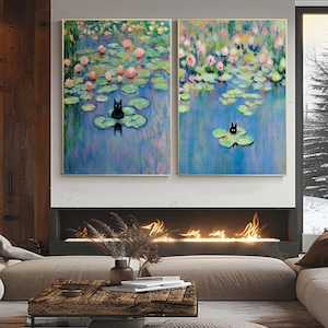 Peinture à l'huile sur toile de chat style Monet, chat noir, art mural chat Claude Monet, idée cadeau amusante, oeuvre d'art personnalisée, décoration d'intérieur