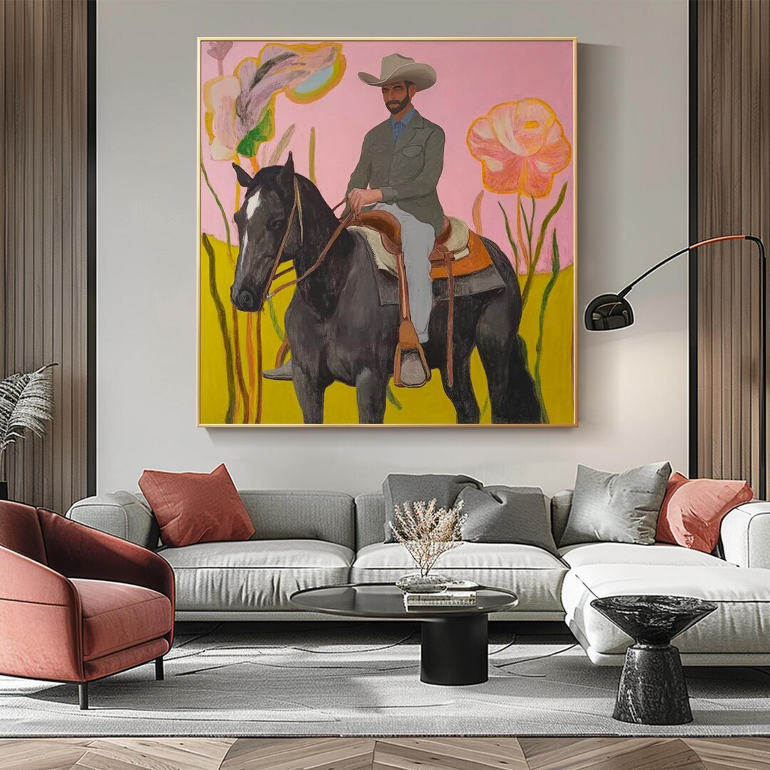 Unique Vibrant Cowboy on Horseback Painting, Hand-painted Abstract ...