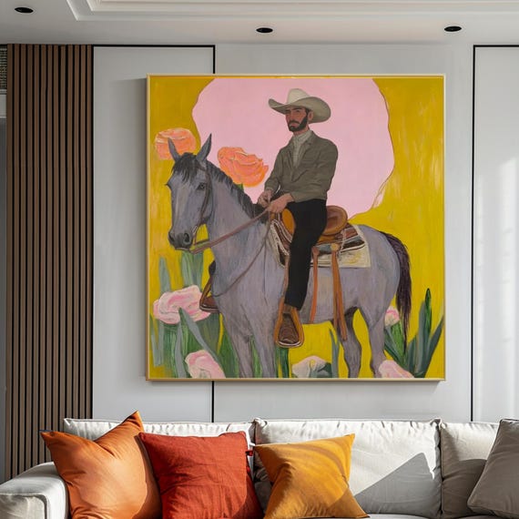 Vibrant Cowboy on Horseback Oil Painting – Hand-painted Abstract Portrait with Floral Background – Colorful Western Wall Art for Home Decor