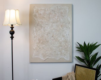 Großes beiges abstraktes Bild, 3D Strukturbild auf Leinwand, Original Beige Wandbild, modernes minimalistisches Wabi-Sabi Wandbild