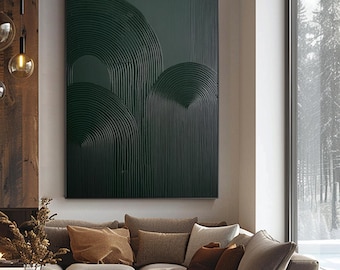Green Textured Abstract Oil Painting, Curved Lines Arch Minimalist Wall Art, Modern Geometric Wabi-Sabi Wall Art,Living Room Office Decor