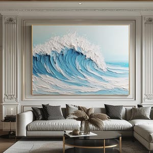 Original White Ocean Waves Oil Painting On Canvas, Large Wall Art, Abstract Minimalist Painting, Custom Blue Sea Wall Art Living Room Decor