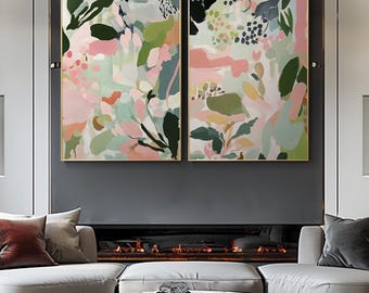 2P Abstract Pink Flower Oil Painting on Canvas, Original Floral Minimalist Art, Large Wall Art, Custom Painting, Boho Wall Decor Living Room