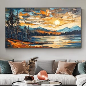 Vibrant Mountain Sunset Landscape Oil Painting/Impasto Texture Sky Art Large Wall Art for Living Room Contemporary Artwork Modern Home Decor