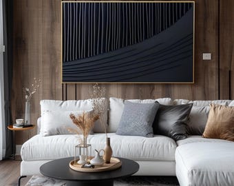 Black Lines 3D Texture Abstract Oil Painting on Canvas, Wabi Sabi Wall Art, Minimalist Abstract Painting For Living Room, Wall Decor, Gift