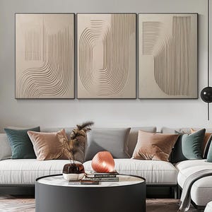Art mural abstrait linéaire texturé 3D beige, peinture sur plâtre minimaliste beige, art mural Wabi Sabi, peinture texturée beige, ensemble d'art minimaliste