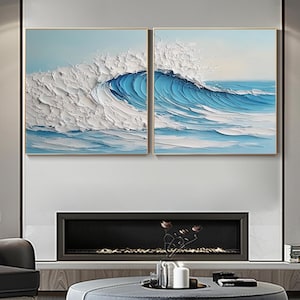 Original Minimalist Ocean Waves Oil Painting on Canvas,Abstract Texture White Wave Painting,Blue Sea Wall Art, Custom Living Room Wall Decor