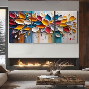 Peinture à l'huile florale abstraite 3 pièces peinte à la main - Art texturé 3D, art mural fleuri coloré vibrant pour salon, chambre à coucher, décoration de bureau