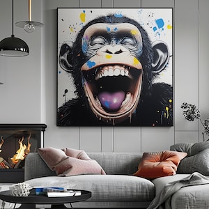 Cheeky Chimp Painting, Happy Monkey Hand Painted Oil Painting, Pop Art on Canvas, Lively Animal Portrait Wall Art, Colorful Monkey Artwork