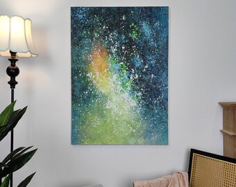 Galaxy Handmade Canvas Painting, Blue Starry Night Abstract Painting Wall Art, Original Art Oil Painting Large Home Decor for Living Room