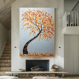 Colorful Autumn Tree Canvas Wall Art Textured Fall Foliage Painting Contemporary Nature Wall Décor, Vibrant Seasonal Artwork for Living Room