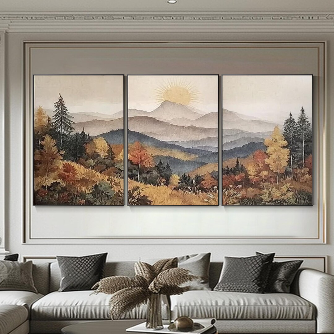 Autumn Mountain Triptych Wall Art Set – Hand-painted Fall Landscape ...