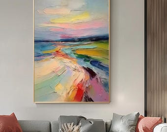 Original Abstract Landscape Oil Painting – Colorful Palette Knife Artwork, Textured Canvas Wall Art for Living Room Decor