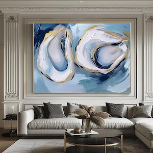 Original Abstract Oystal Textured Oil Painting, Large Blue & Gold Accent Wall Art, Modern Home Decor, Minimalist Wall Art, Dining Room Decor
