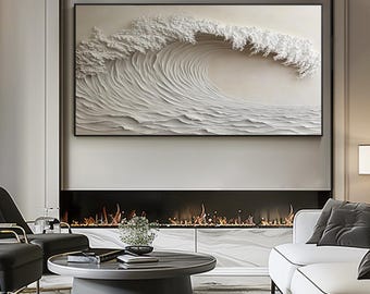Large 3D Ocean Wave Wall Art, Textured White Surf Design, Stunning Seascape Canvas Décor, Modern Elegant Coastal Home Accent for Living Room