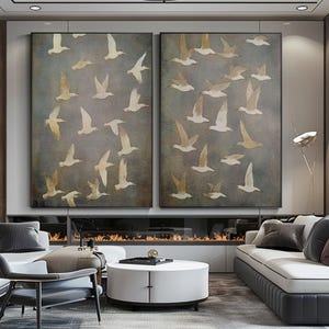 Abstract Flying Flock of Birds Oil Painting, Canvas Wall Art in Neutral Tones Rustic Nature Wall Decor Minimalist Artwork Living Room Decor