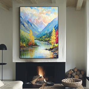 Impasto Mountain River Art, Colorful Landscape Oil Painting Textured Forest Scene Canvas, Scenic Nature Wall Decor, Modern Palette Knife Art