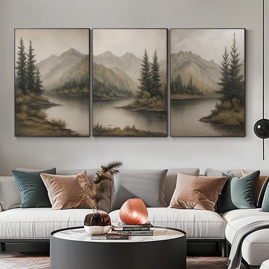 Mountain Lake Wall Art Triptych Neutral Landscape Canvas Oil Painting ...