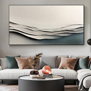 Abstract Minimalist Ocean Waves Textured Canvas - Large Beige Wave Wabi-Sabi Wall Art Modern Handmade Plaster Wall Art for Living Room Decor