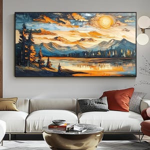 Peinture à l'huile originale coucher de soleil or sur toile, art mural paysage montagne rivière, art mural salon empâtement abstrait 3d art mural texturé