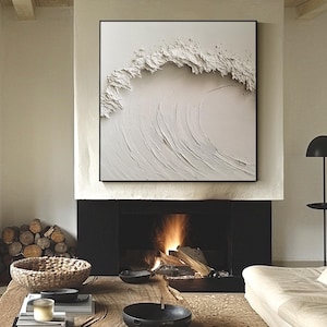 Peinture à l'huile 3D blanche texturée vague océanique sur toile, paysage marin texturé beige, art mural vague beige minimaliste pour décoration de salon ou de bureau