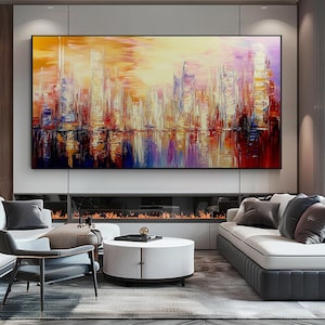 Urban Architecture Oil Painting on Canvas, Abstract Golden City Building Painting, Skyline Cityscape Wall Art, Modern Living Room Wall Decor