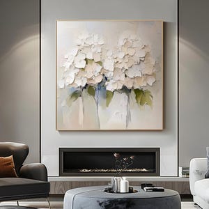 Art floral d'hortensia crème, texture 3D, peinture à l'huile de fleur beige doux sur toile, décoration murale botanique sereine, art d'intérieur calme et minimaliste