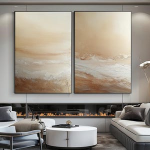 Ensemble de peinture à l'huile abstraite beige ocre blanc, art mural marron, peinture texturée 3D beige, art mural minimaliste moderne, décoration murale neutre pour la maison